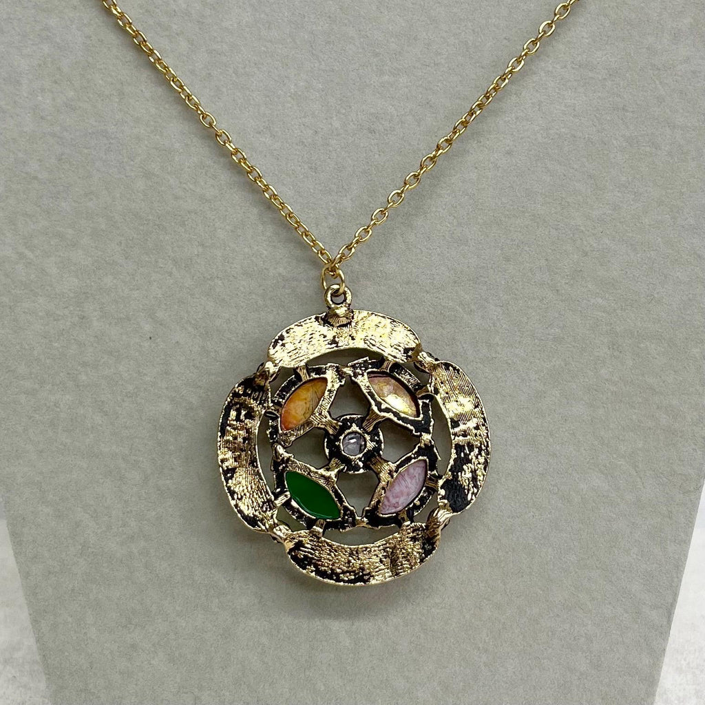 Celtic Pendant - Vintage 1970‘s Gold Tone Necklace with Glass Cabochons and a 24” Curb Chain Grey Centre MillyOliverVintage
