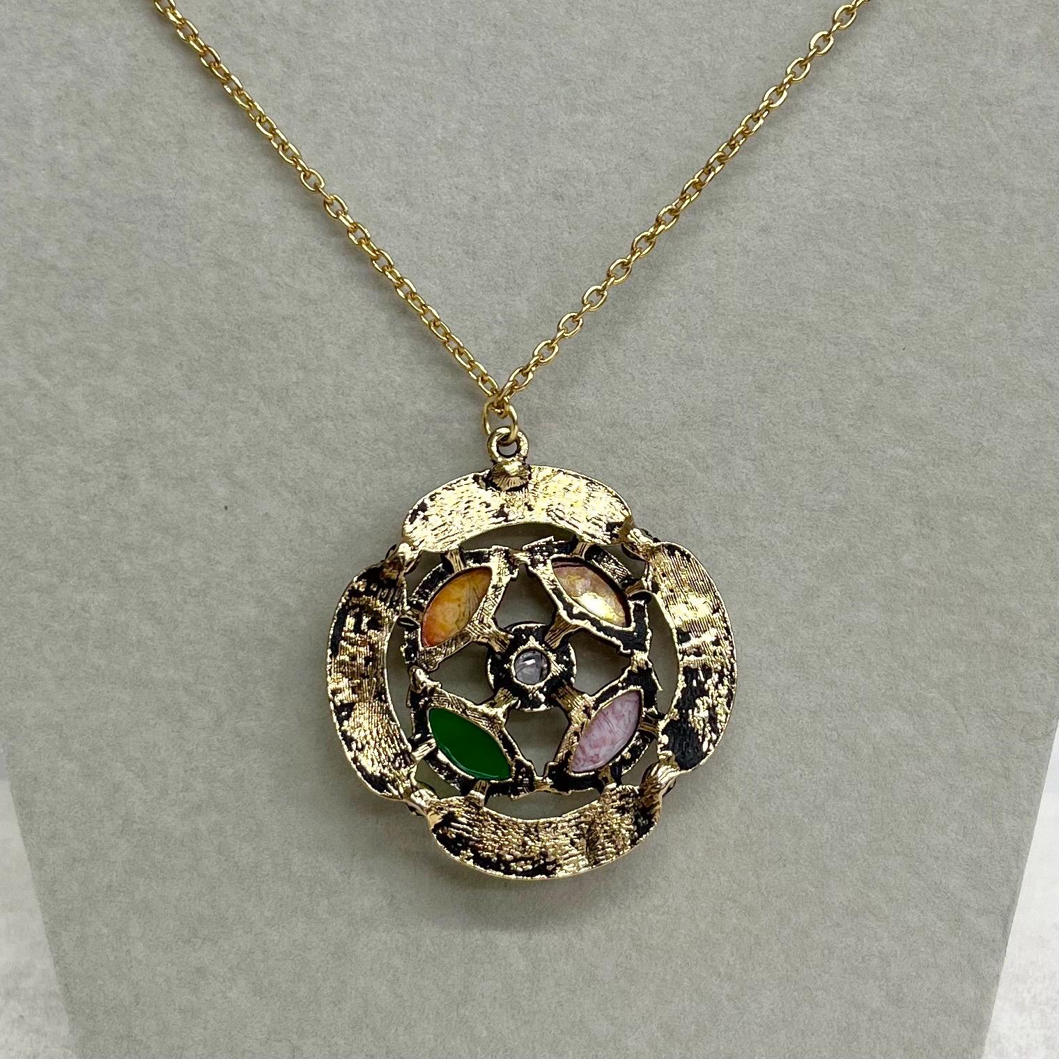 Celtic Pendant - Vintage 1970‘s Gold Tone Necklace with Glass Cabochons and a 24” Curb Chain Grey Centre MillyOliverVintage