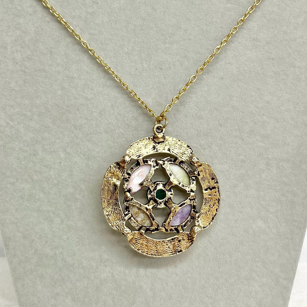Celtic Pendant - Vintage 1970‘s Gold Tone Necklace with Glass Cabochons and a 24” Curb Chain Green Centre MillyOliverVintage