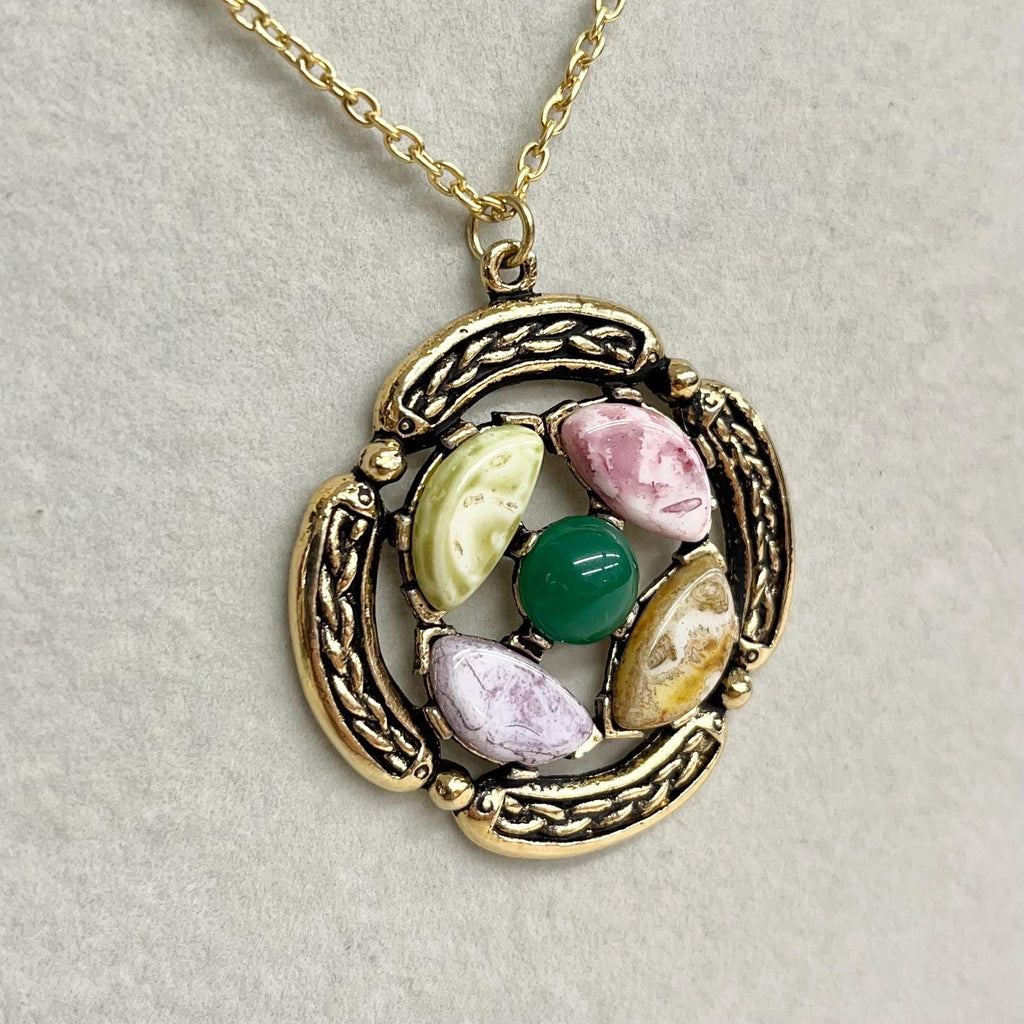 Celtic Pendant - Vintage 1970‘s Gold Tone Necklace with Glass Cabochons and a 24” Curb Chain Green Centre MillyOliverVintage