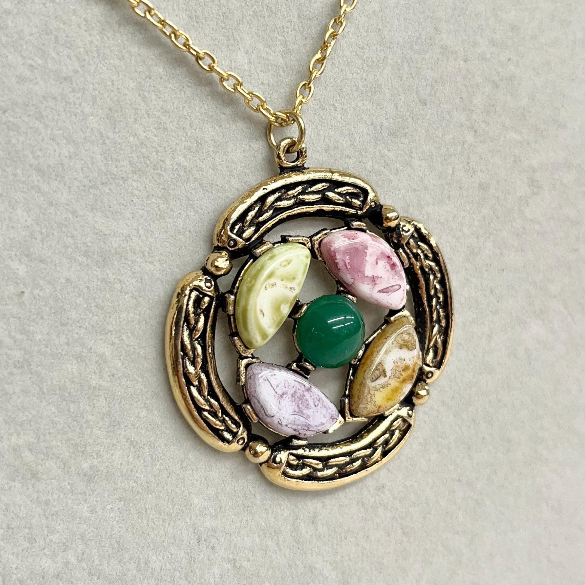 Celtic Pendant - Vintage 1970‘s Gold Tone Necklace with Glass Cabochons and a 24” Curb Chain Green Centre MillyOliverVintage