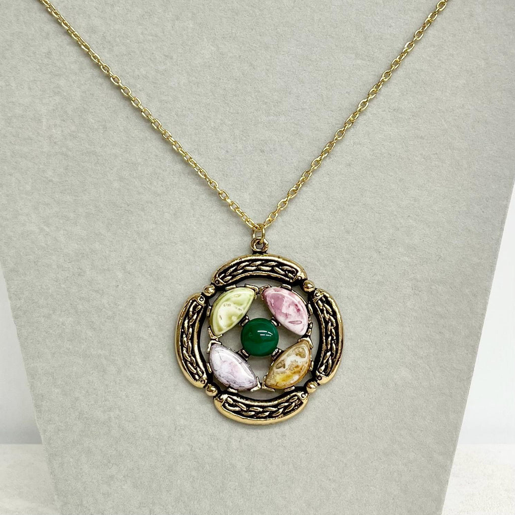 Celtic Pendant - Vintage 1970‘s Gold Tone Necklace with Glass Cabochons and a 24” Curb Chain Green Centre MillyOliverVintage