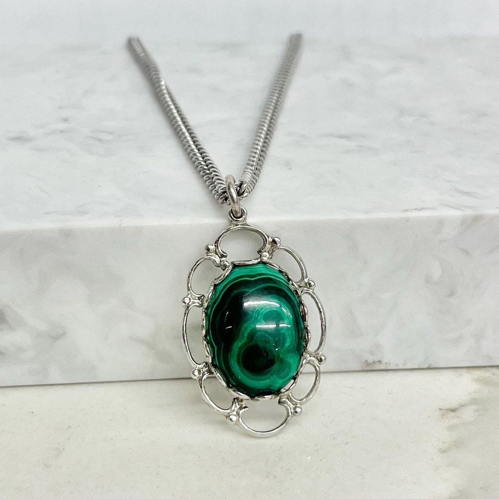Sarah Coventry Malachite Pendant Necklace - Vintage 1970‘s Silver Tone on a 24” Chain MillyOliverVintage