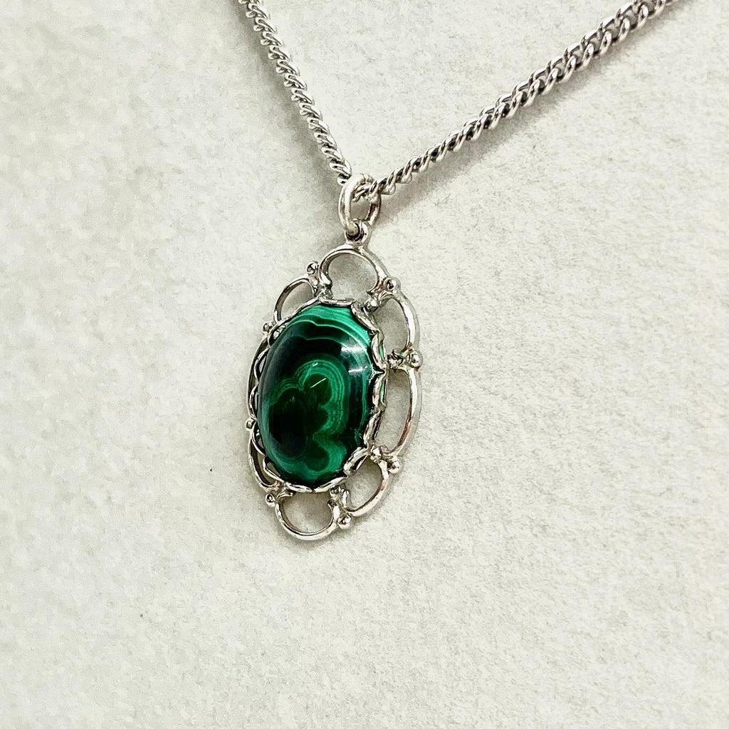 Sarah Coventry Malachite Pendant Necklace - Vintage 1970‘s Silver Tone on a 24” Chain MillyOliverVintage