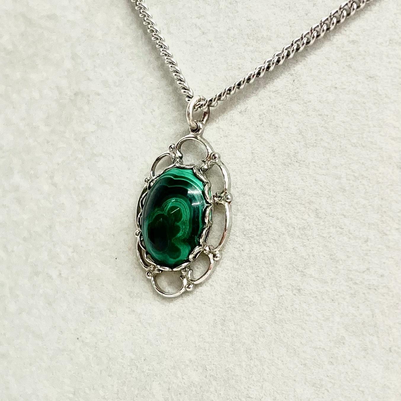 Sarah Coventry Malachite Pendant Necklace - Vintage 1970‘s Silver Tone on a 24” Chain MillyOliverVintage