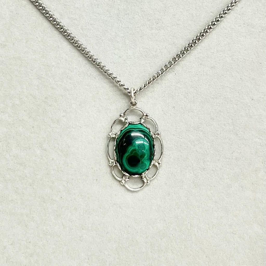 Sarah Coventry Malachite Pendant Necklace - Vintage 1970‘s Silver Tone on a 24” Chain MillyOliverVintage