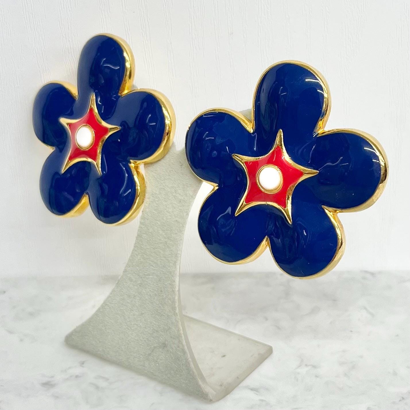 Vintage Escada Navy Blue Enamel Clip On Earrings Gold Plated - 1980’s Huge Oversized Flower Earrings MillyOliverVintage