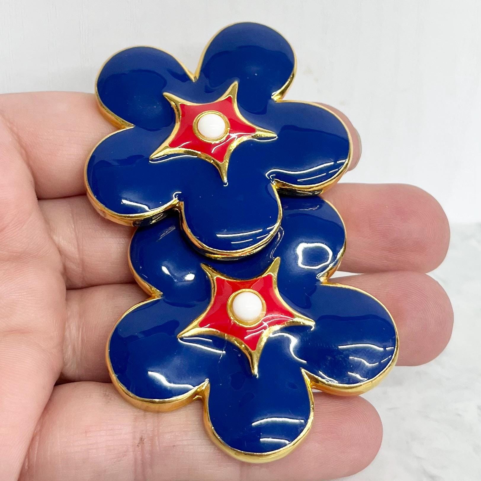 Vintage Escada Navy Blue Enamel Clip On Earrings Gold Plated - 1980’s Huge Oversized Flower Earrings MillyOliverVintage