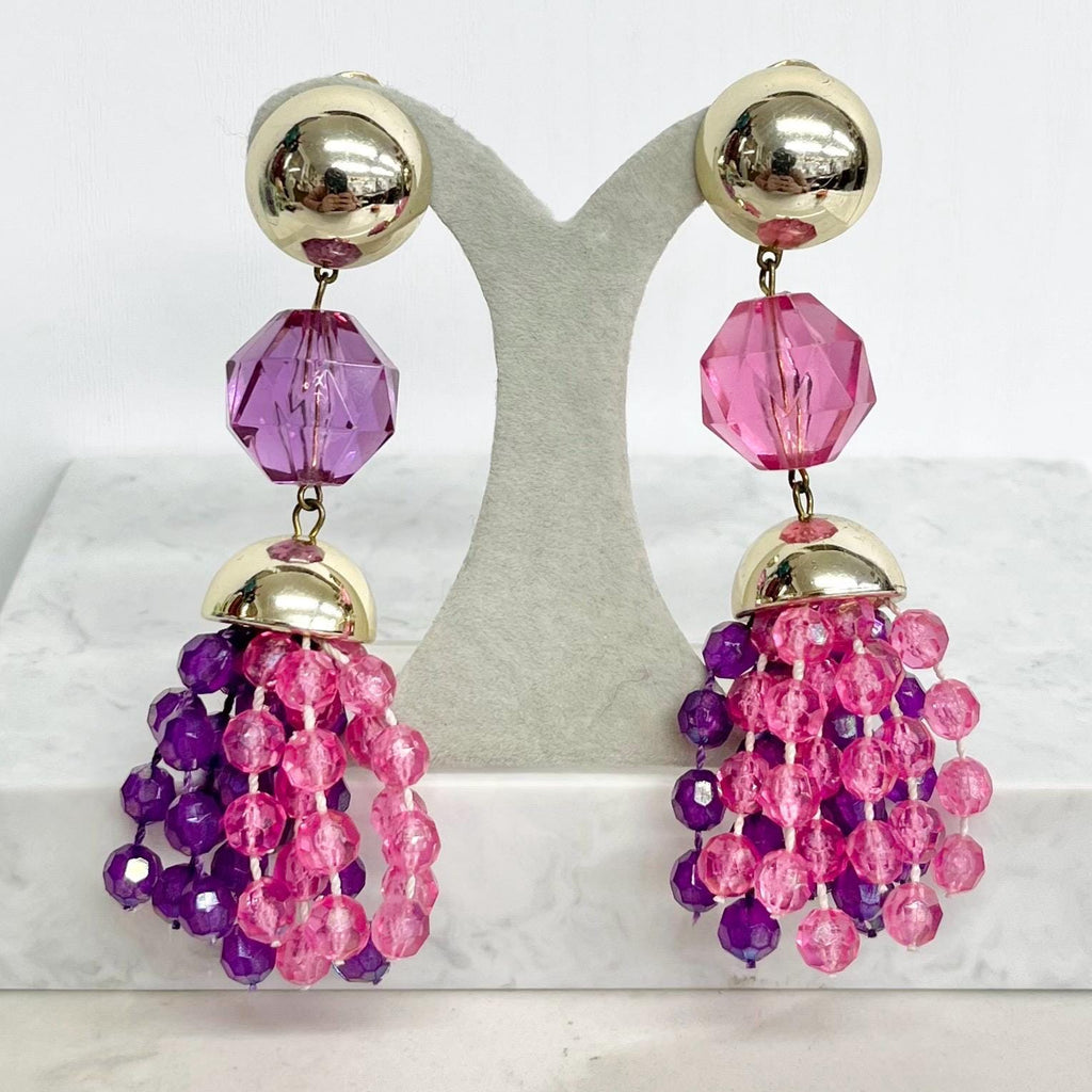 Fantastic Plastic Clip On Earrings - Vintage Pink Purple & Gold Coloured Tassle Drops 1980’s - 1990’s Statement Jewellery MillyOliverVintage