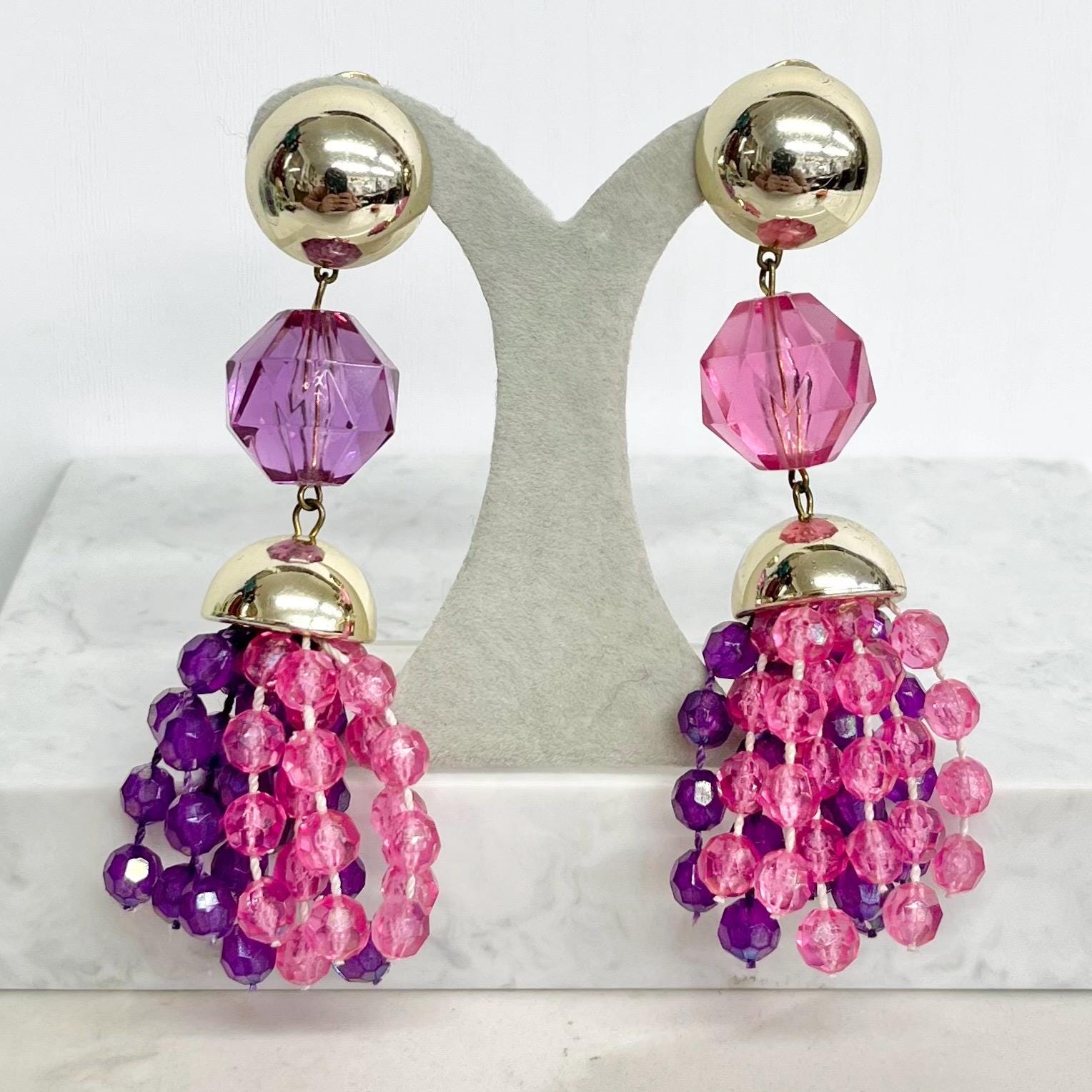 Fantastic Plastic Clip On Earrings - Vintage Pink Purple & Gold Coloured Tassle Drops 1980’s - 1990’s Statement Jewellery MillyOliverVintage