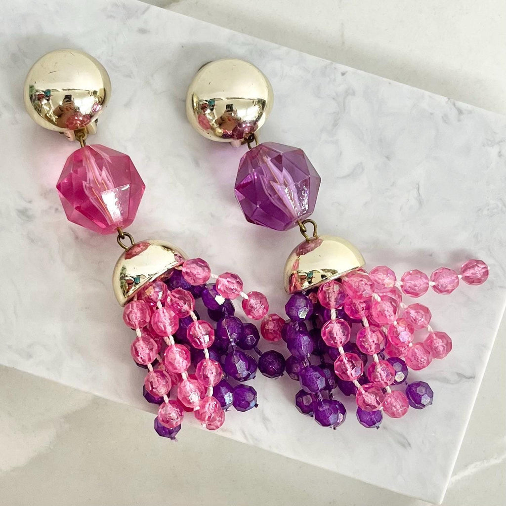 Fantastic Plastic Clip On Earrings - Vintage Pink Purple & Gold Coloured Tassle Drops 1980’s - 1990’s Statement Jewellery MillyOliverVintage
