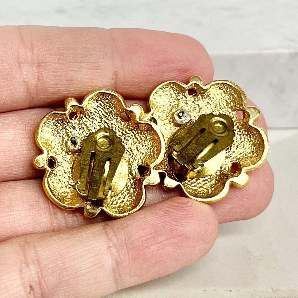 Flower Clip On Earrings - Designer Style with Red & Cream Accent Vintage Earrings MillyOliverVintage