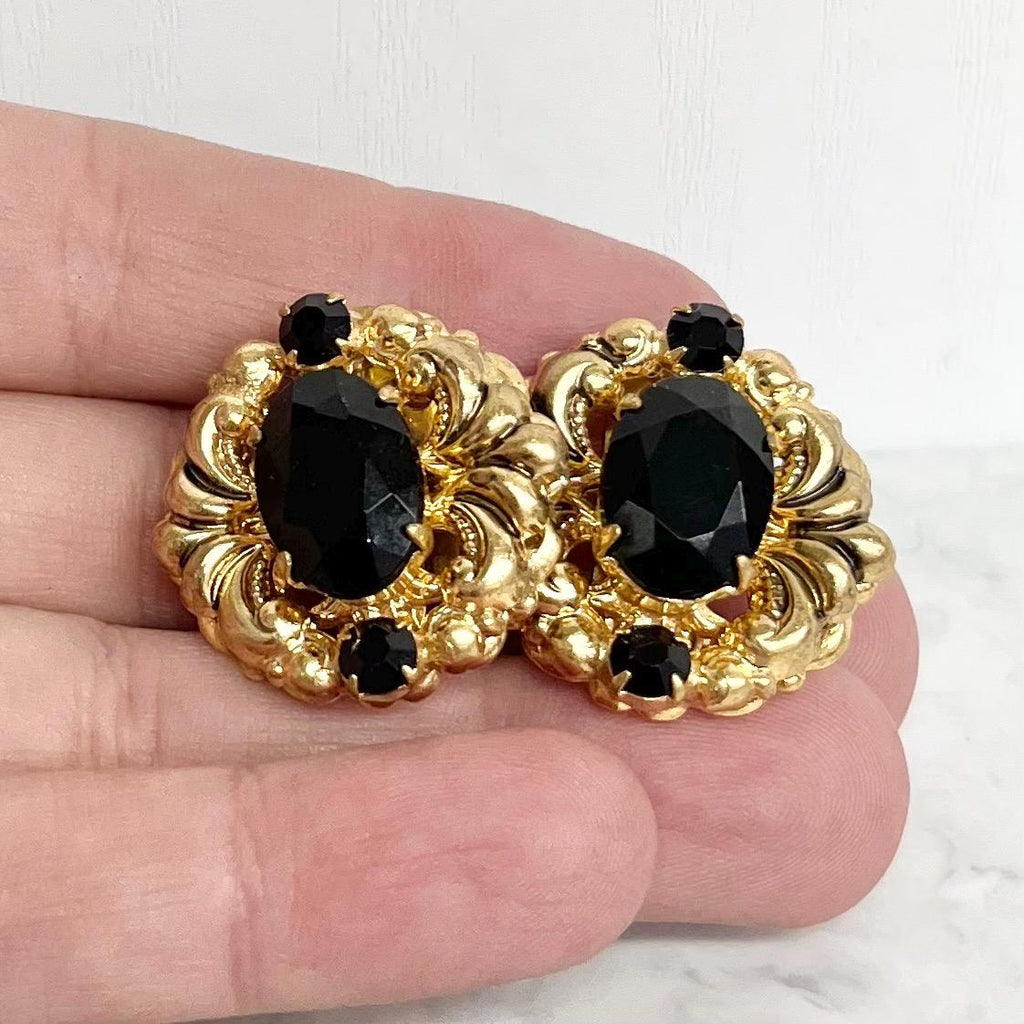 Black & Gold Clip On Earrings - Vintage Victorian Style MillyOliverVintage