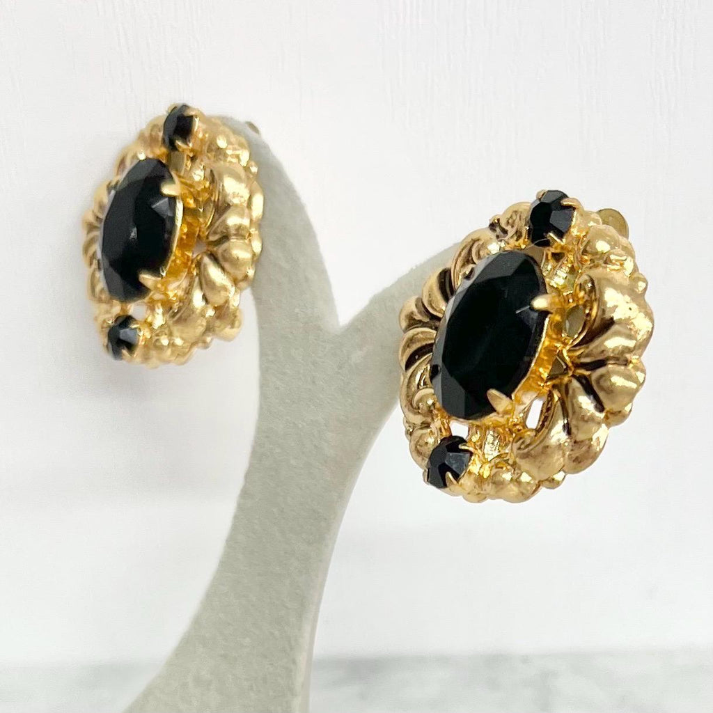 Black & Gold Clip On Earrings - Vintage Victorian Style MillyOliverVintage