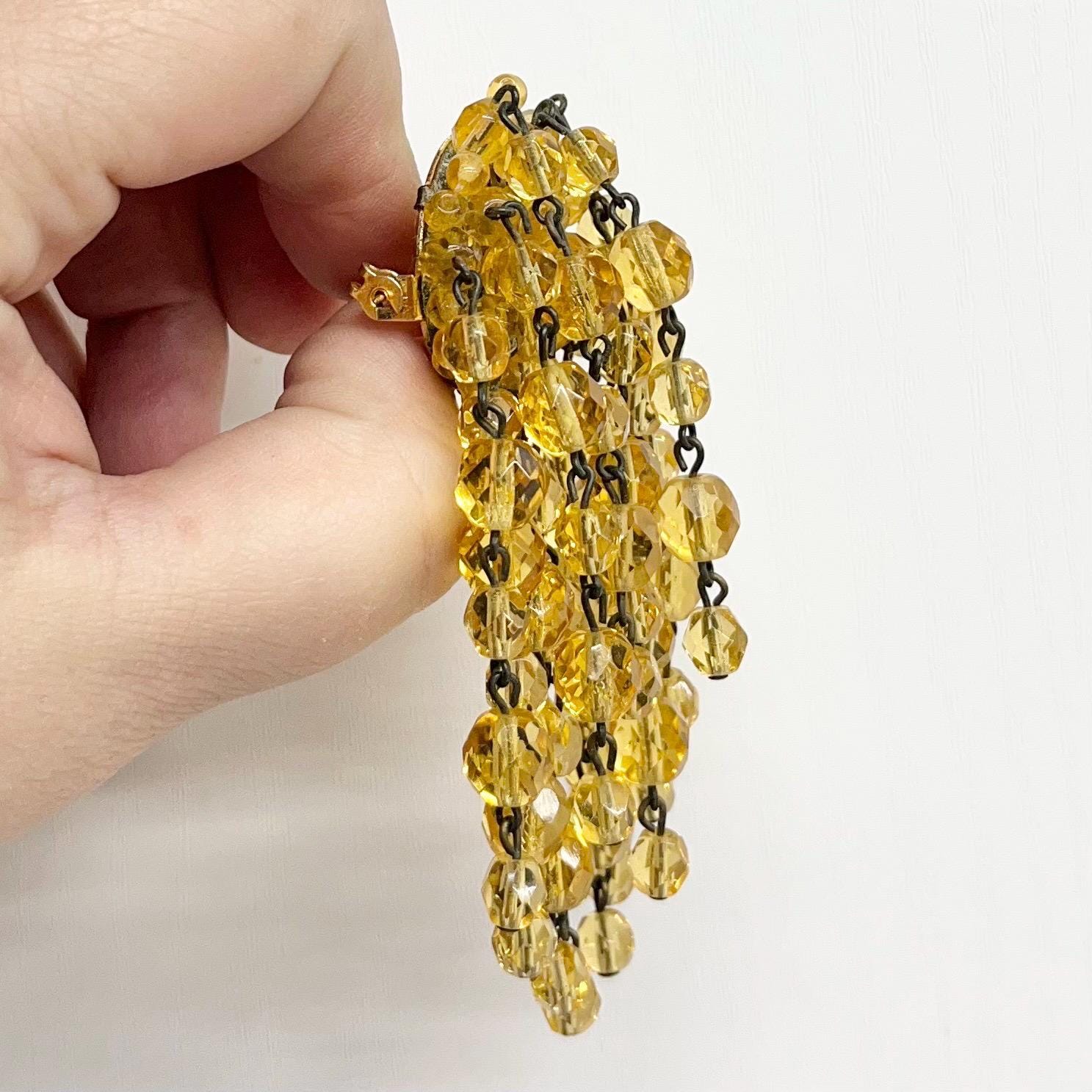 Golden Bead Cluster Drop Waterfall Brooch - Vintage Statement Jewellery MillyOliverVintage