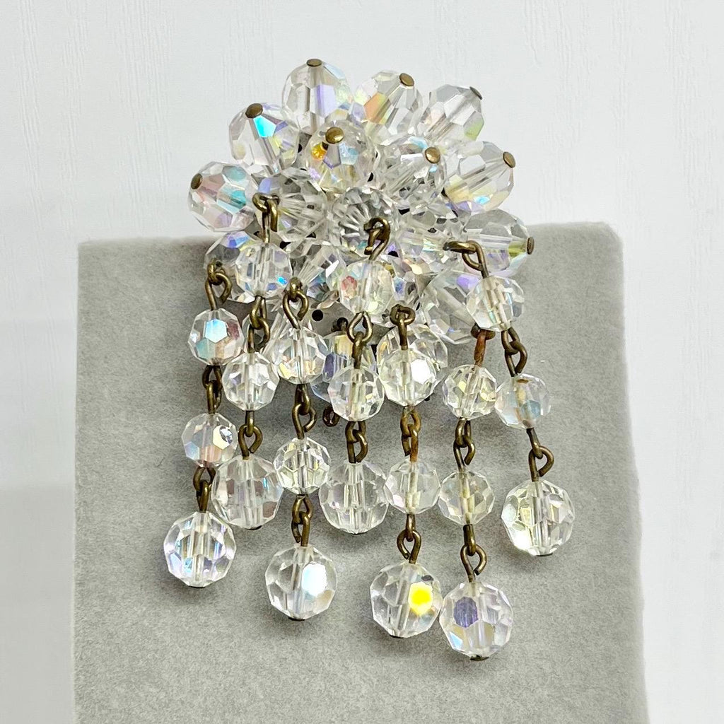 Aurora Borealis Crystal Bead Cluster Drop Waterfall Brooch - Vintage Statement Jewellery MillyOliverVintage
