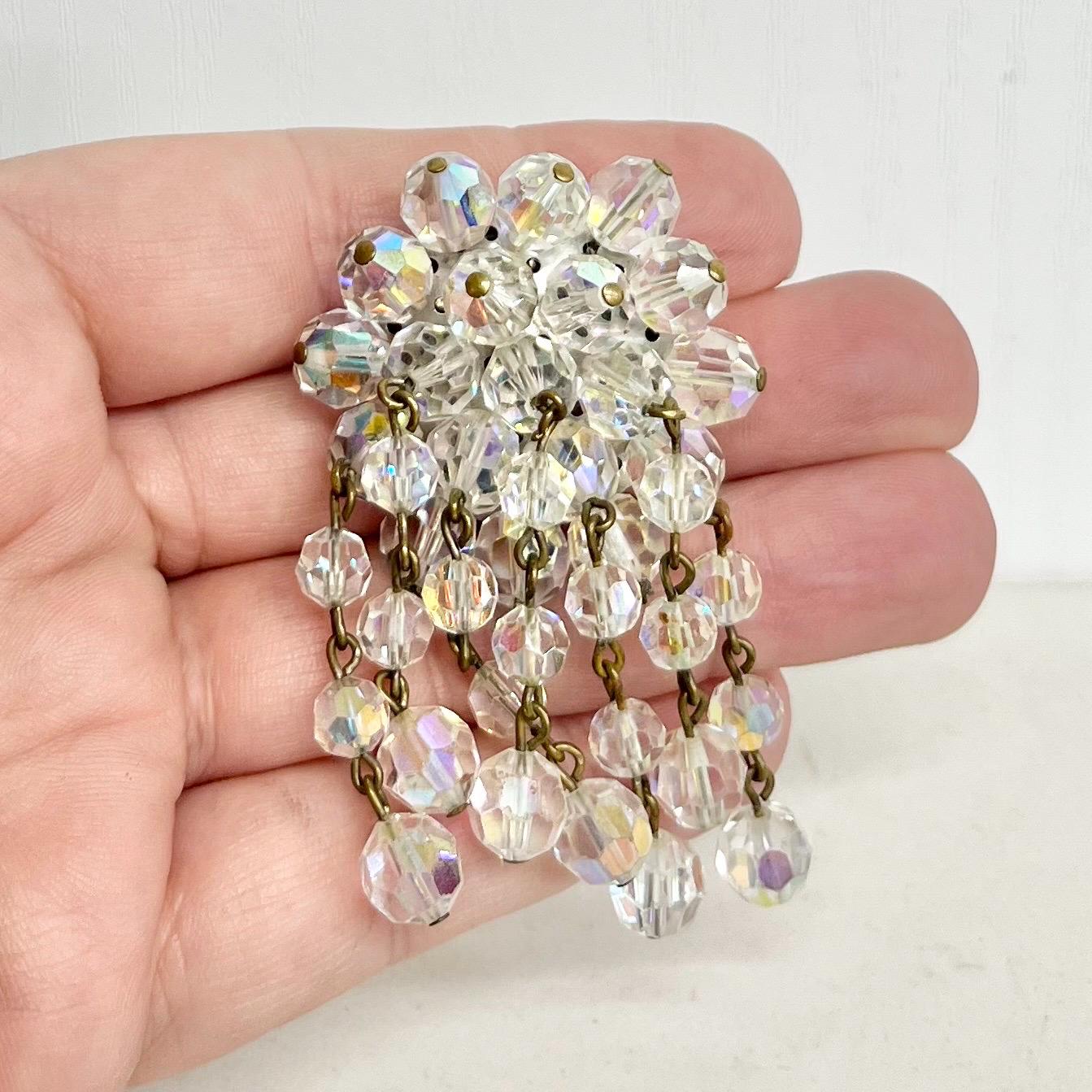 Aurora Borealis Crystal Bead Cluster Drop Waterfall Brooch - Vintage Statement Jewellery MillyOliverVintage