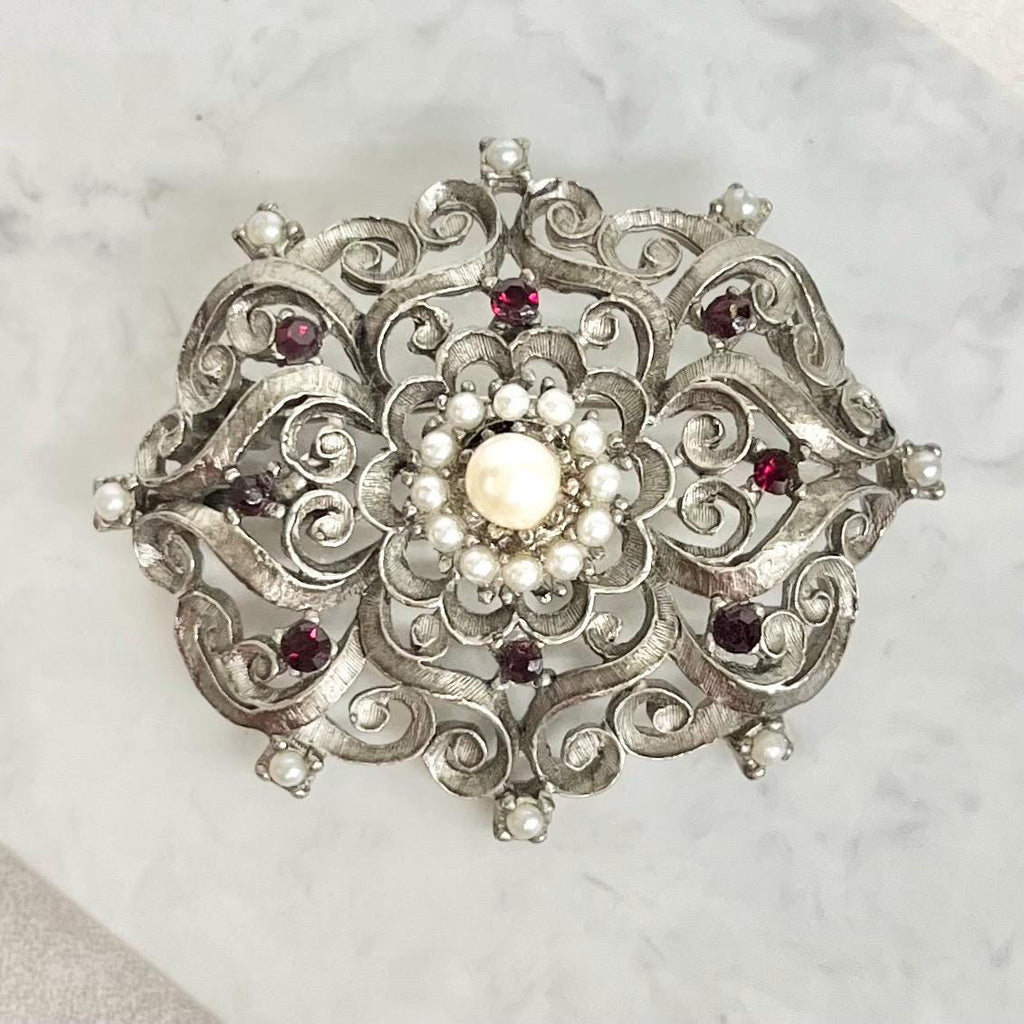 Victorian Style Brooch - Vintage with Faux Pearls and Red Crystals in a Regal Silver Tone Setting Statement Jewellery MillyOliverVintage