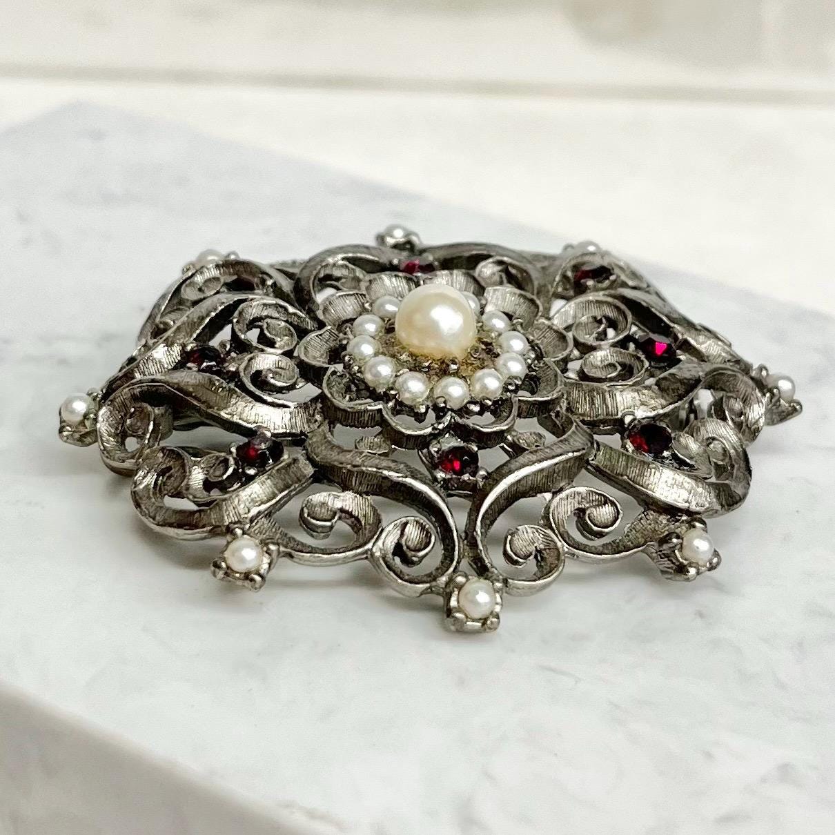 Victorian Style Brooch - Vintage with Faux Pearls and Red Crystals in a Regal Silver Tone Setting Statement Jewellery MillyOliverVintage