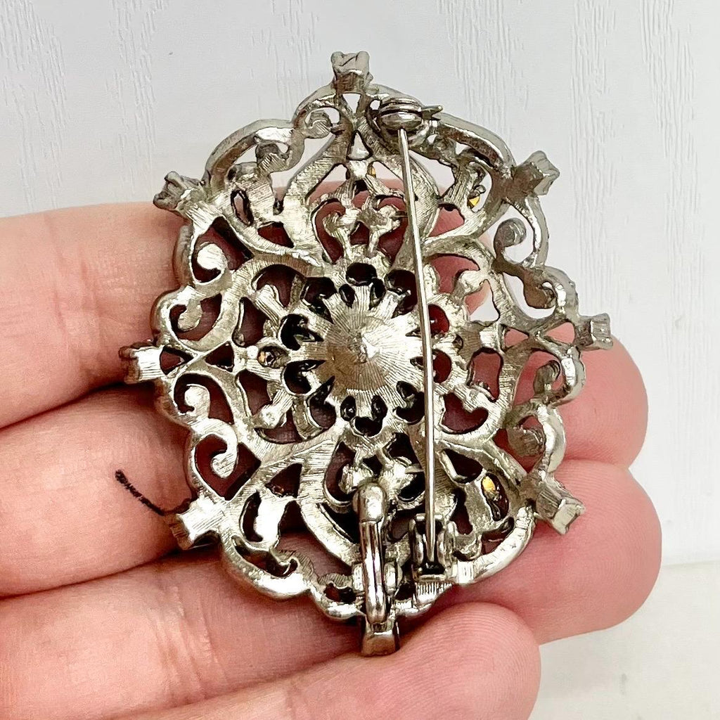 Victorian Style Brooch - Vintage with Faux Pearls and Red Crystals in a Regal Silver Tone Setting Statement Jewellery MillyOliverVintage