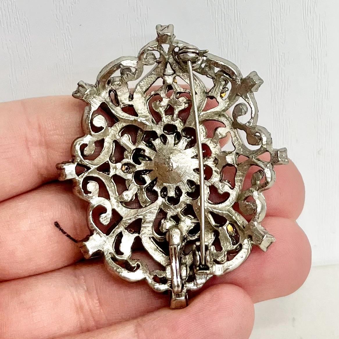 Victorian Style Brooch - Vintage with Faux Pearls and Red Crystals in a Regal Silver Tone Setting Statement Jewellery MillyOliverVintage