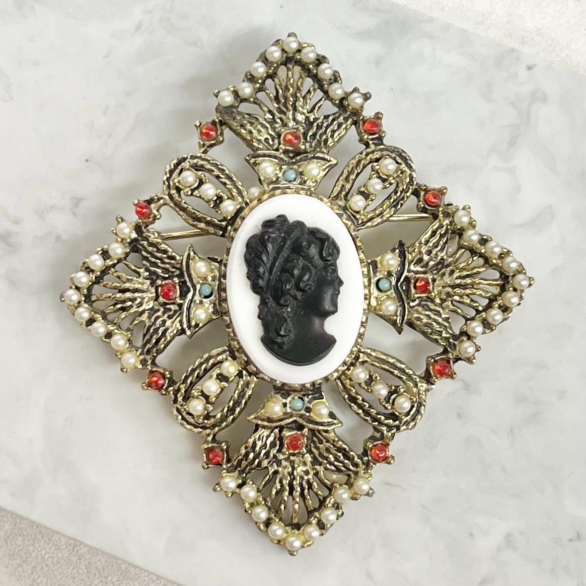 Victorian Style Cameo Brooch - Vintage with Faux Pearls and Red Crystals & Faux Turquoise in a Regal Gold Tone Setting Statement Jewellery MillyOliverVintage