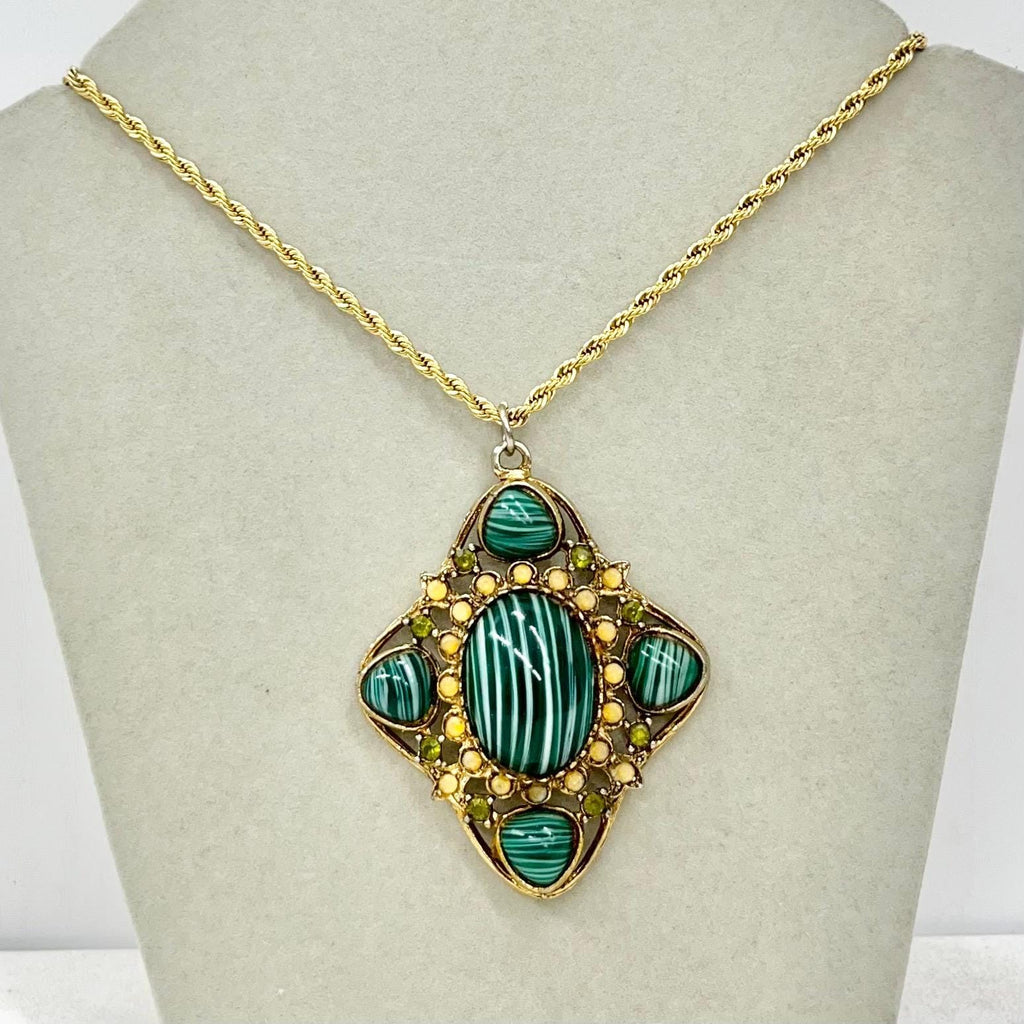 Vintage 1970‘s Hollywood 24K Gold Plate Green Yellow Cabochon Pendant Necklace 18” Rope Chain MillyOliverVintage