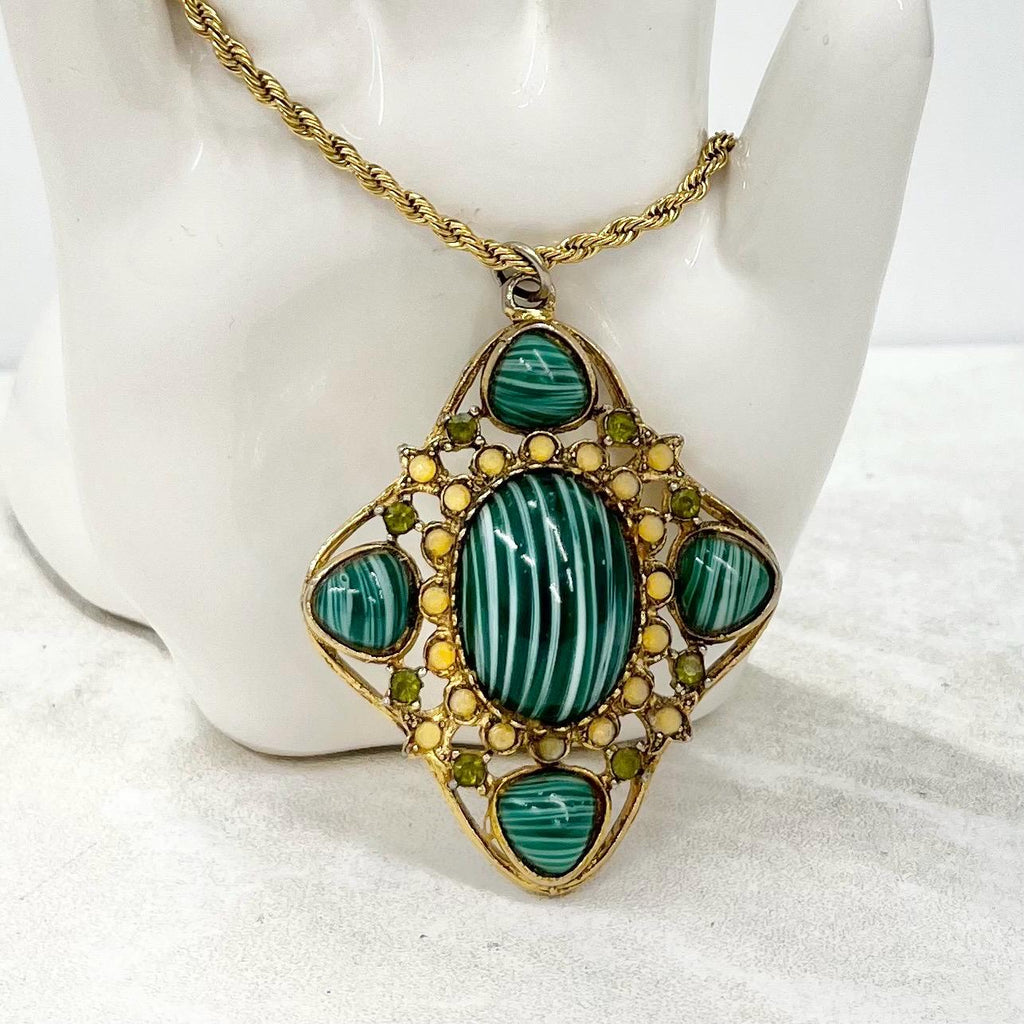 Vintage 1970‘s Hollywood 24K Gold Plate Green Yellow Cabochon Pendant Necklace 18” Rope Chain MillyOliverVintage