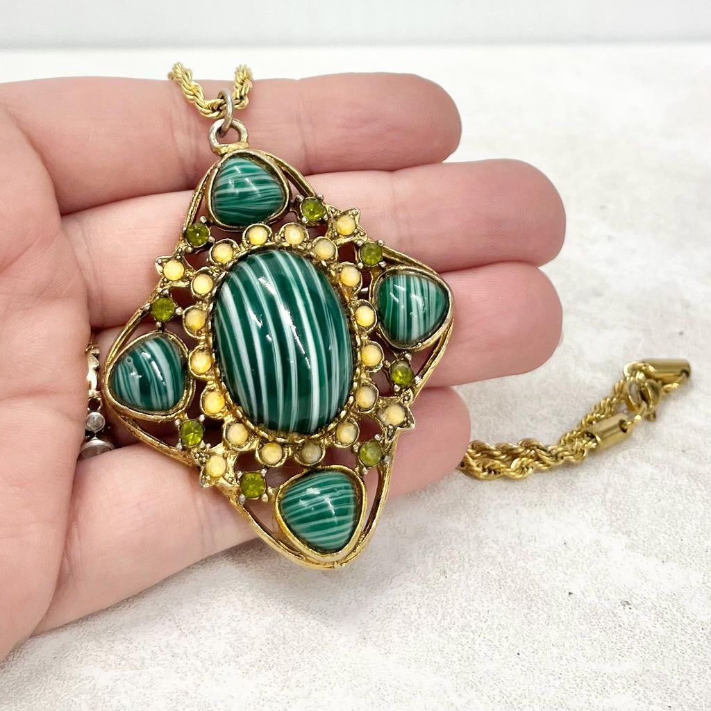 Vintage 1970‘s Hollywood 24K Gold Plate Green Yellow Cabochon Pendant Necklace 18” Rope Chain MillyOliverVintage