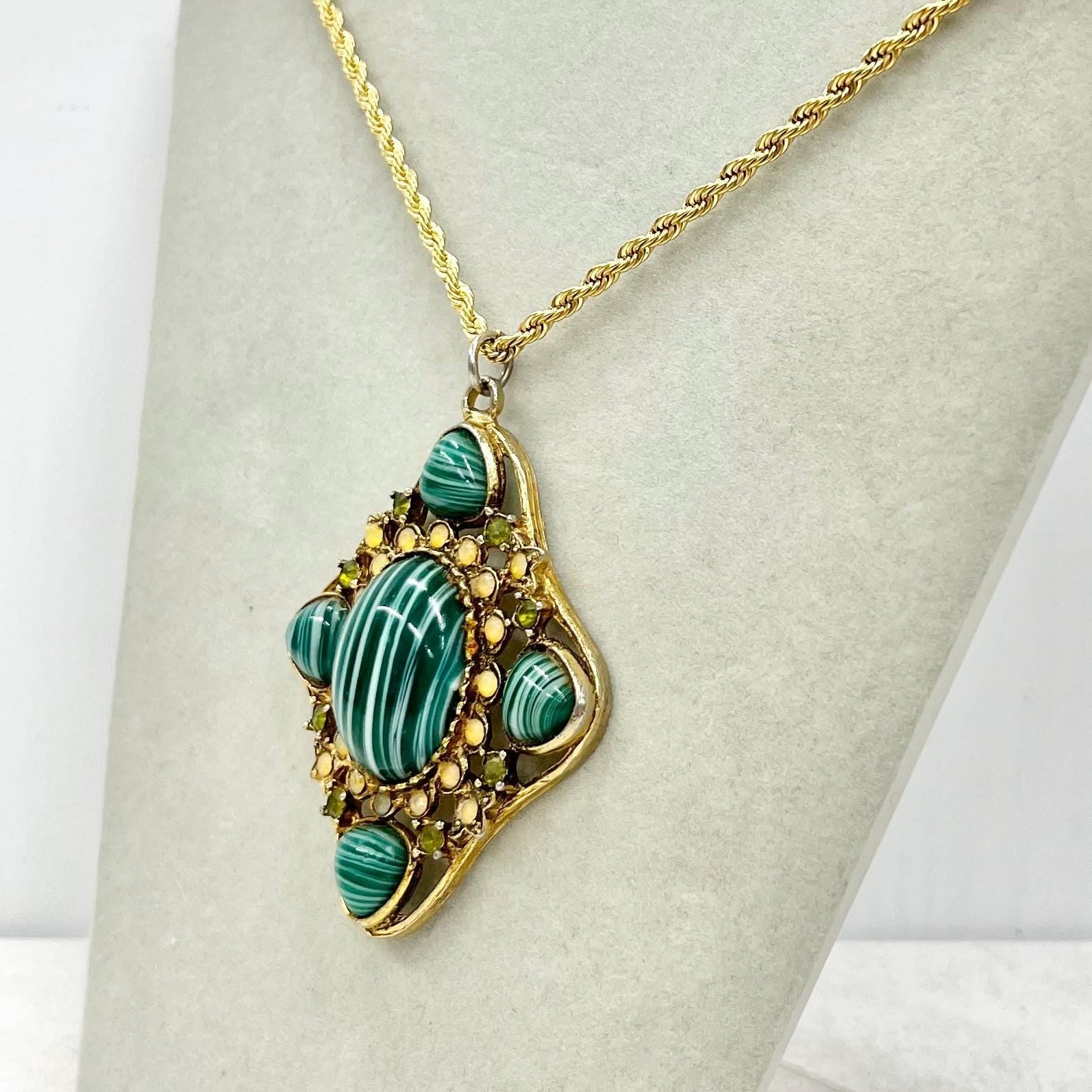 Vintage 1970‘s Hollywood 24K Gold Plate Green Yellow Cabochon Pendant Necklace 18” Rope Chain MillyOliverVintage