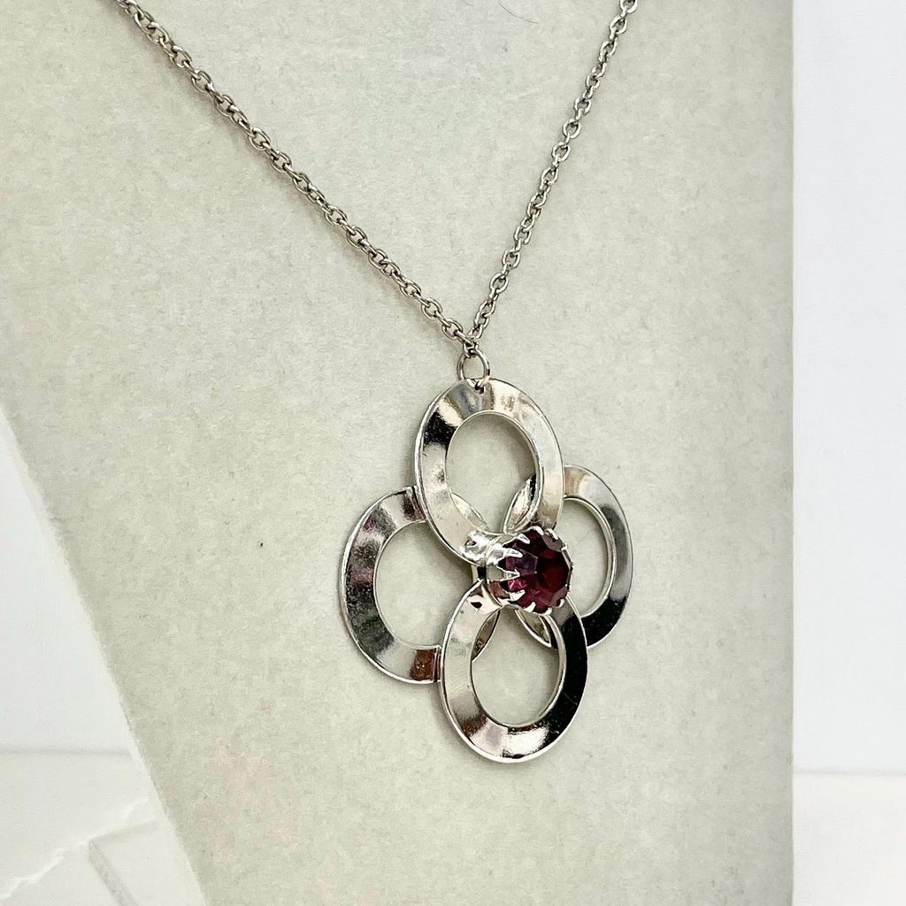 Vintage 1970‘s Stainless Steel Brutalist / Modernist Pendant Necklace with an Amethyst Crystal & 26” Curb Chain MillyOliverVintage