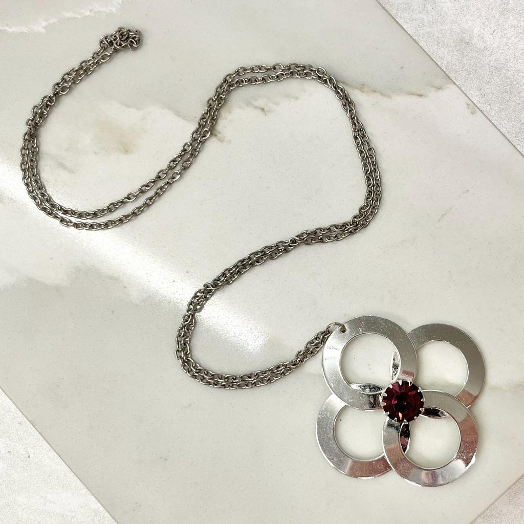 Vintage 1970‘s Stainless Steel Brutalist / Modernist Pendant Necklace with an Amethyst Crystal & 26” Curb Chain MillyOliverVintage