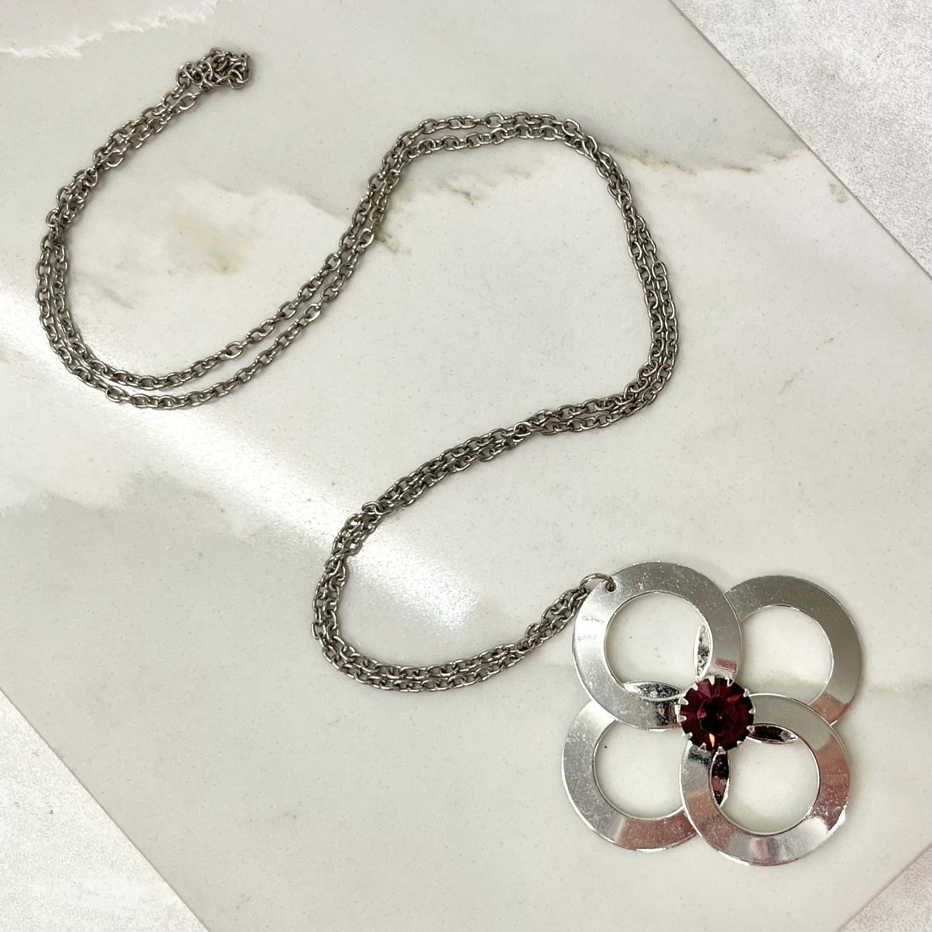 Vintage 1970‘s Stainless Steel Brutalist / Modernist Pendant Necklace with an Amethyst Crystal & 26” Curb Chain MillyOliverVintage