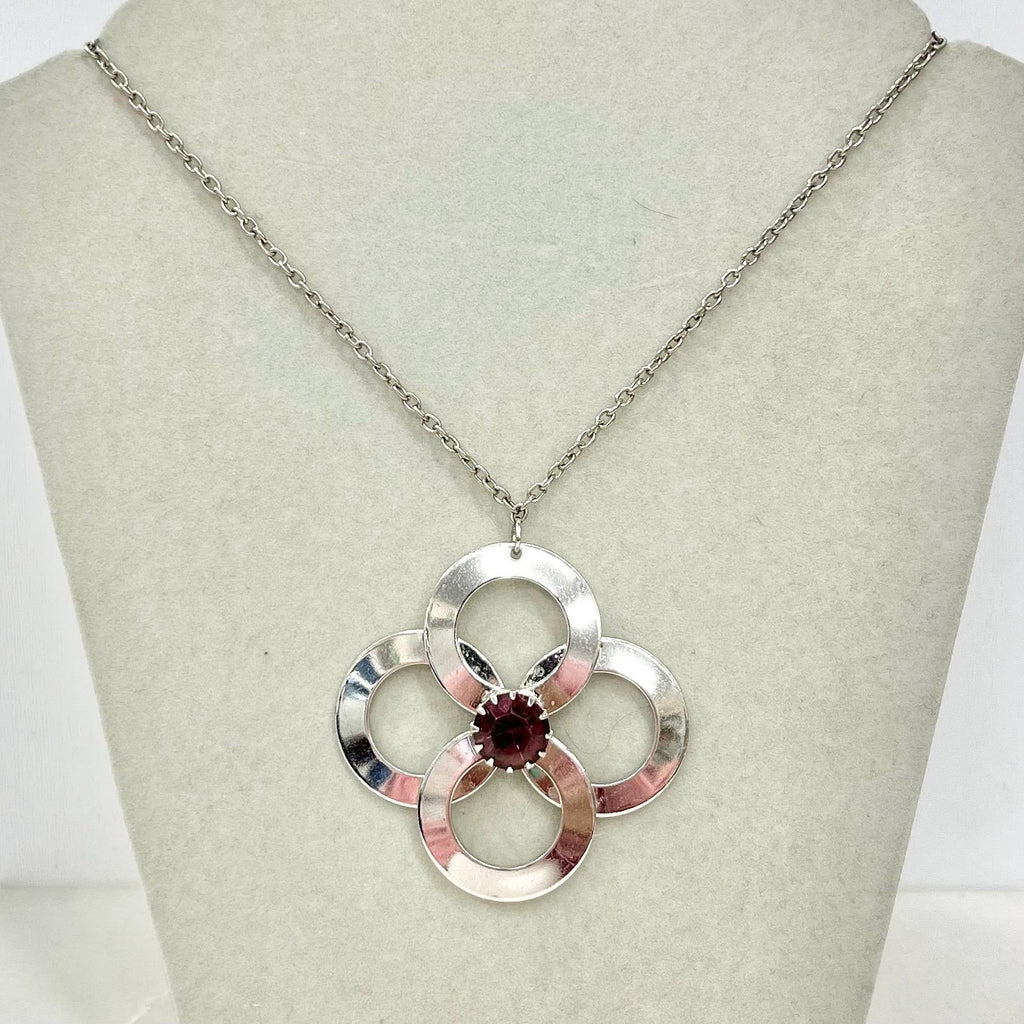 Vintage 1970‘s Stainless Steel Brutalist / Modernist Pendant Necklace with an Amethyst Crystal & 26” Curb Chain MillyOliverVintage