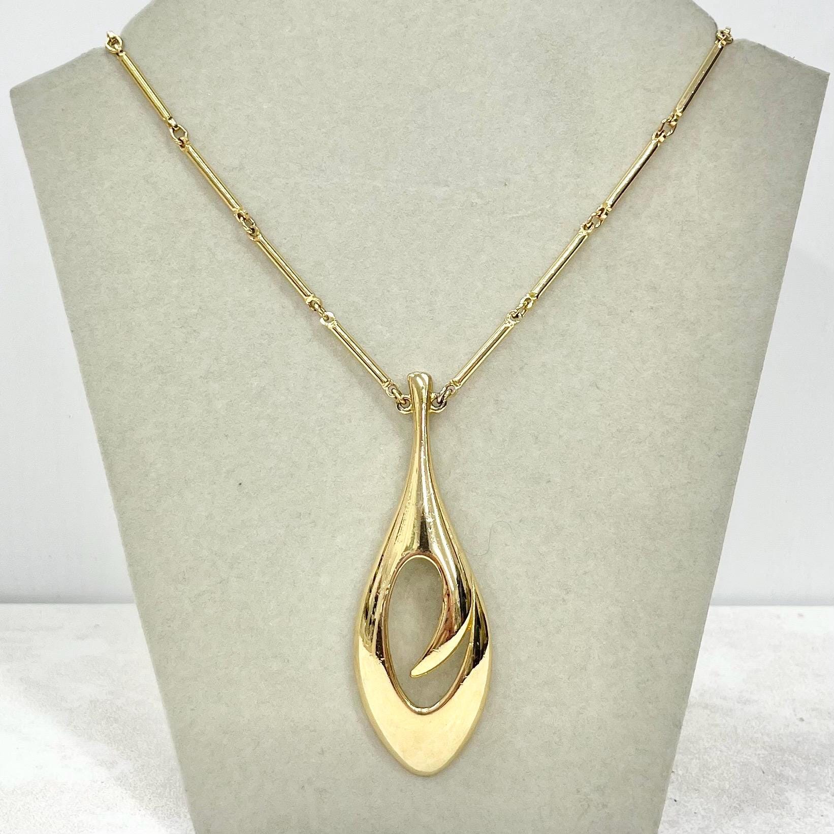 Vintage Corocraft Gold Plate Modernist Drop Pendant Necklace with an 24” Curb Chain MillyOliverVintage