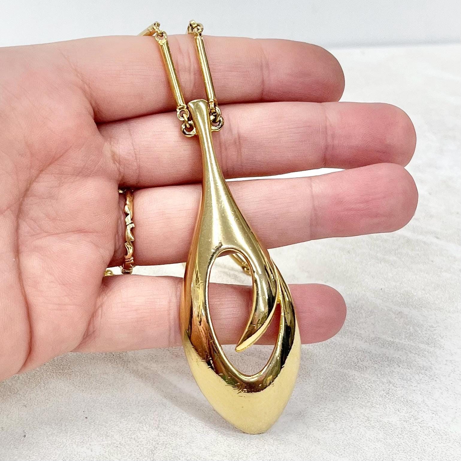 Vintage Corocraft Gold Plate Modernist Drop Pendant Necklace with an 24” Curb Chain MillyOliverVintage