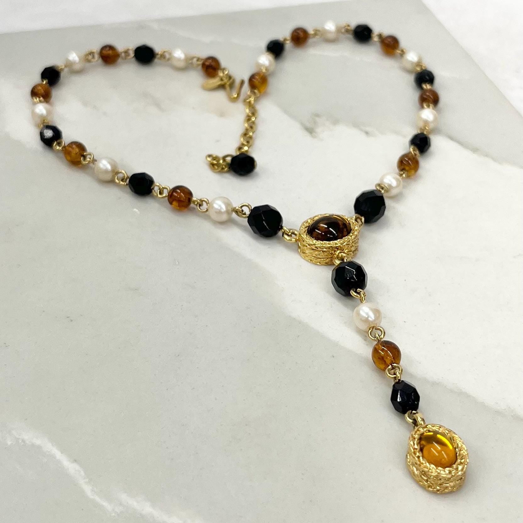 Vintage Monet Glass Pearl Black White & Brown Beaded Drop Necklace MillyOliverVintage