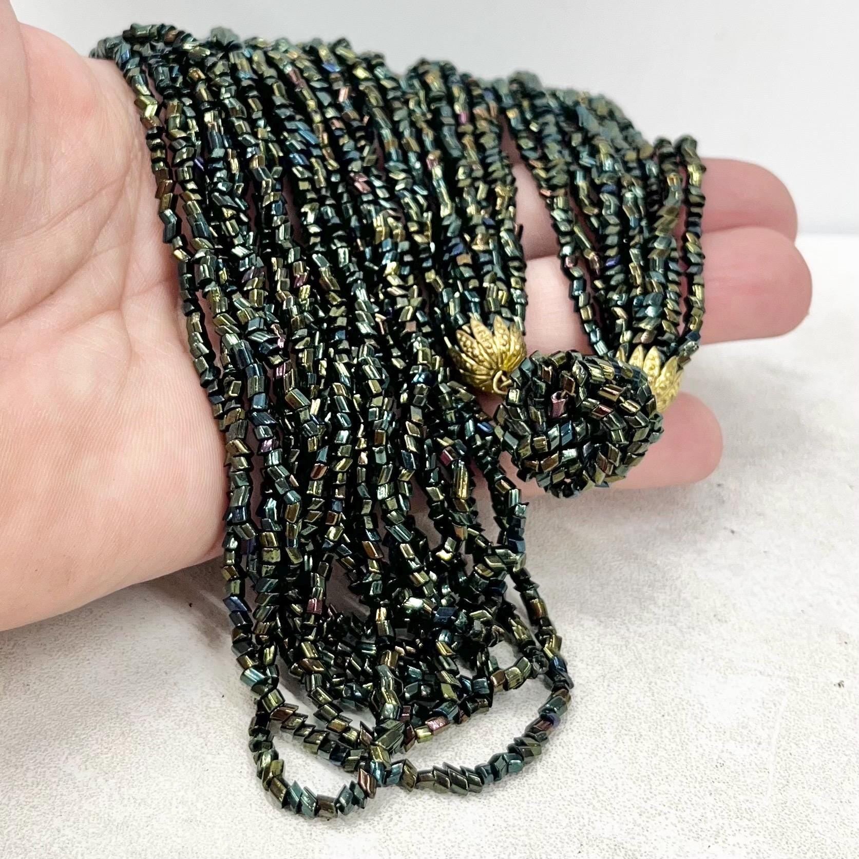 Vintage 10 Strand Green Iris Glass Bugle Bead Waterfall Necklace Multi Strand MillyOliverVintage
