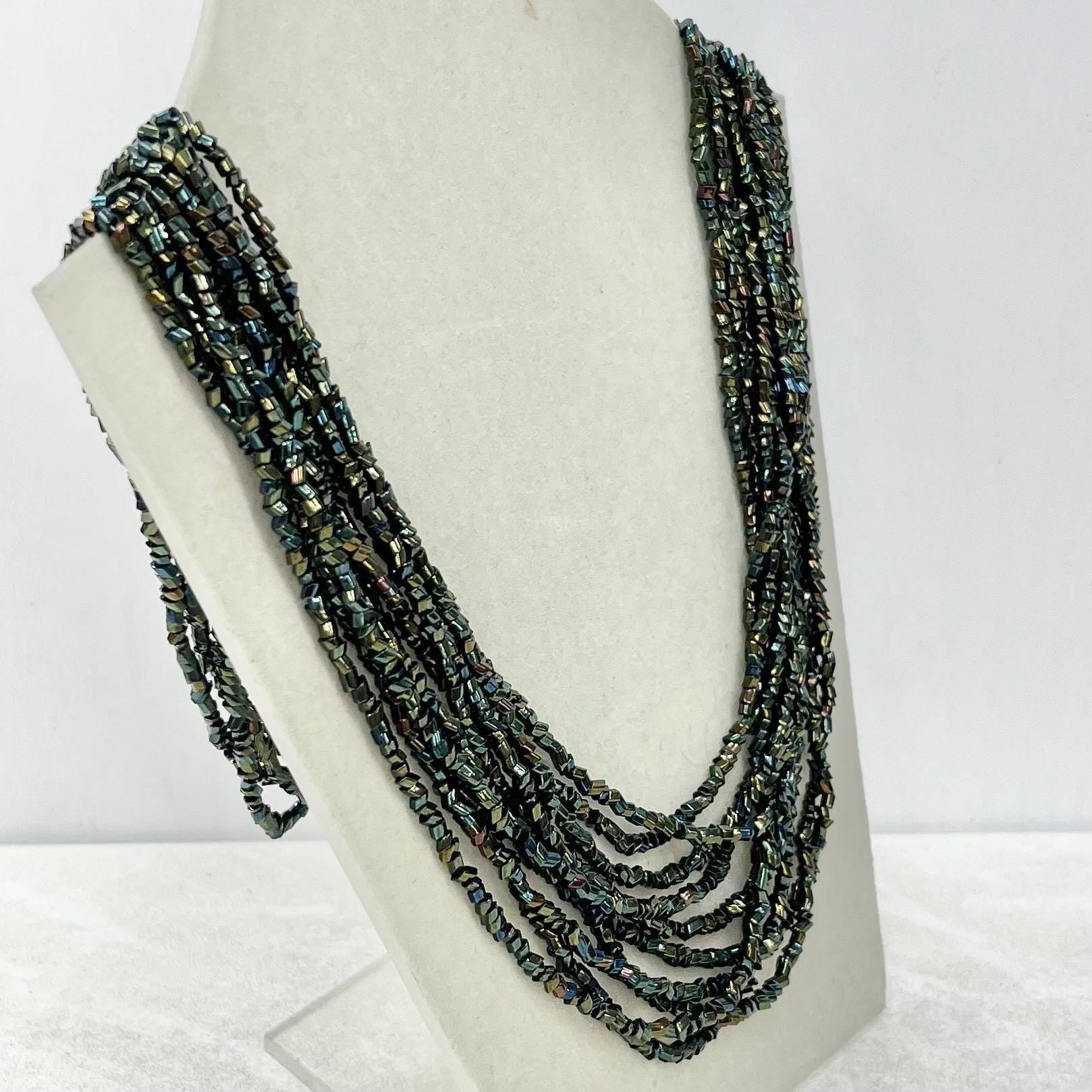 Vintage 10 Strand Green Iris Glass Bugle Bead Waterfall Necklace Multi Strand MillyOliverVintage