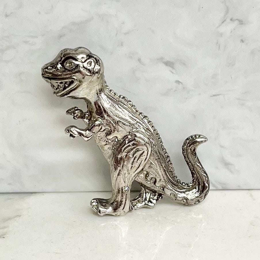 T-Rex Dinosaur Brooch - Vintage Silver Tone Metal MillyOliverVintage