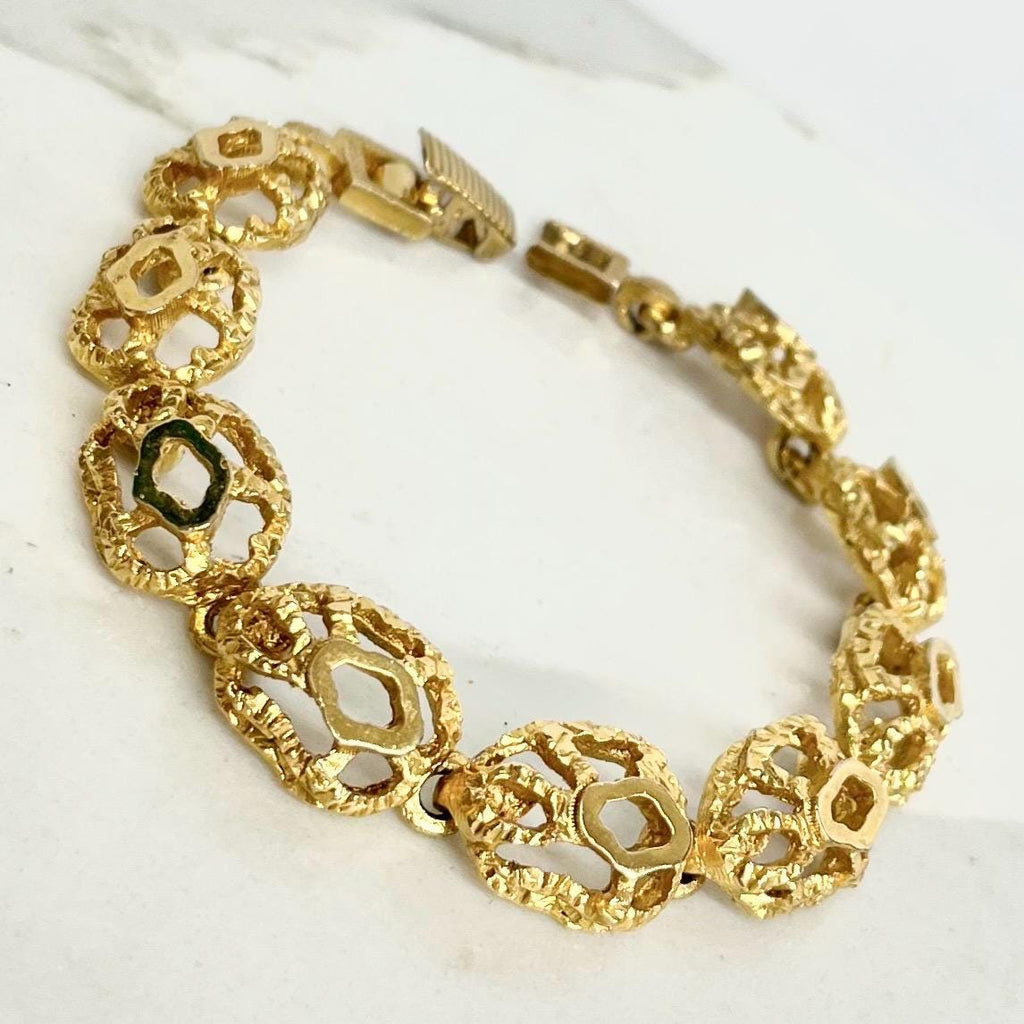 Vintage Gold Plate 1970’s Brutalist Bracelet Textured & Glossy Unusual Link Costume Jewellery 7.5” MillyOliverVintage