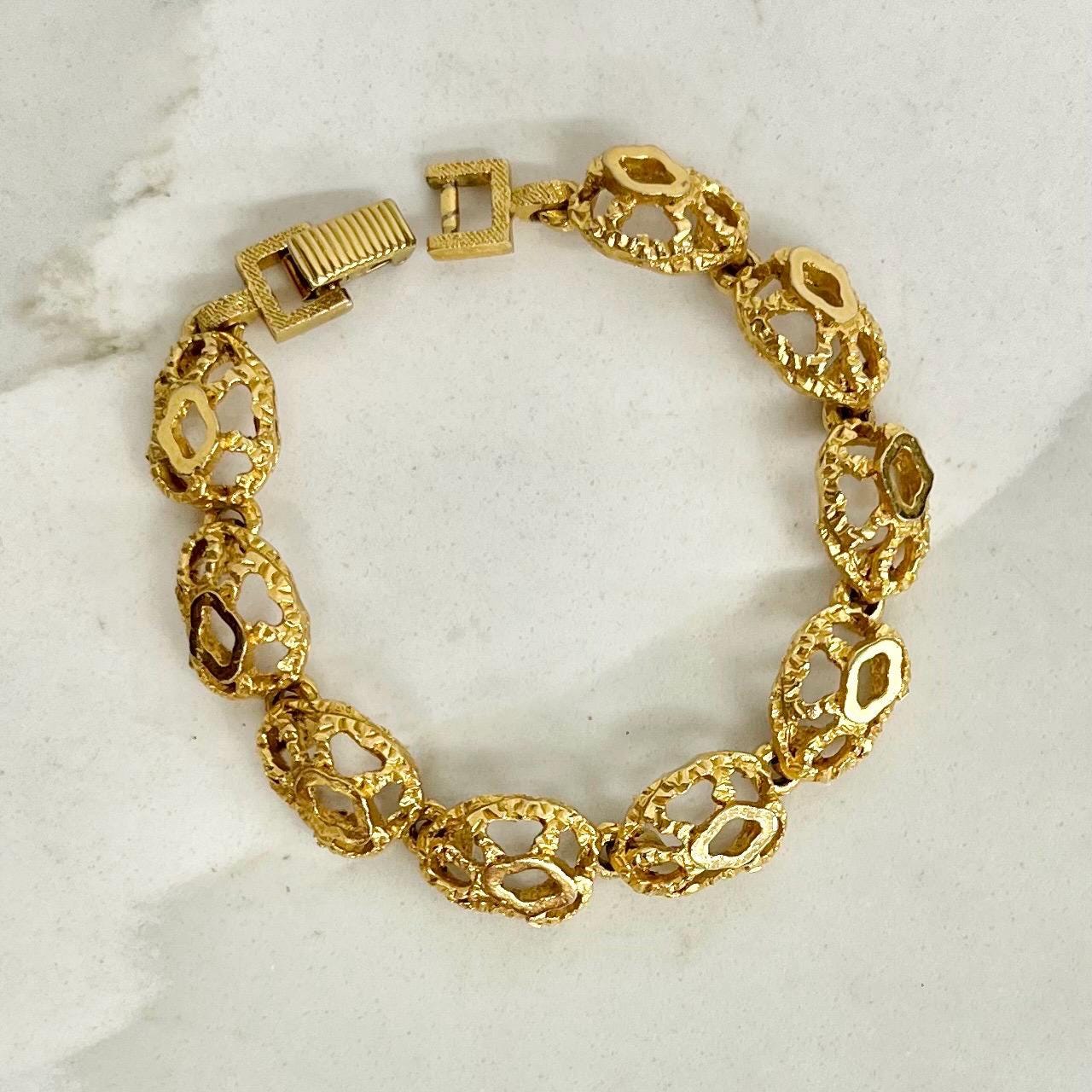 Vintage Gold Plate 1970’s Brutalist Bracelet Textured & Glossy Unusual Link Costume Jewellery 7.5” MillyOliverVintage