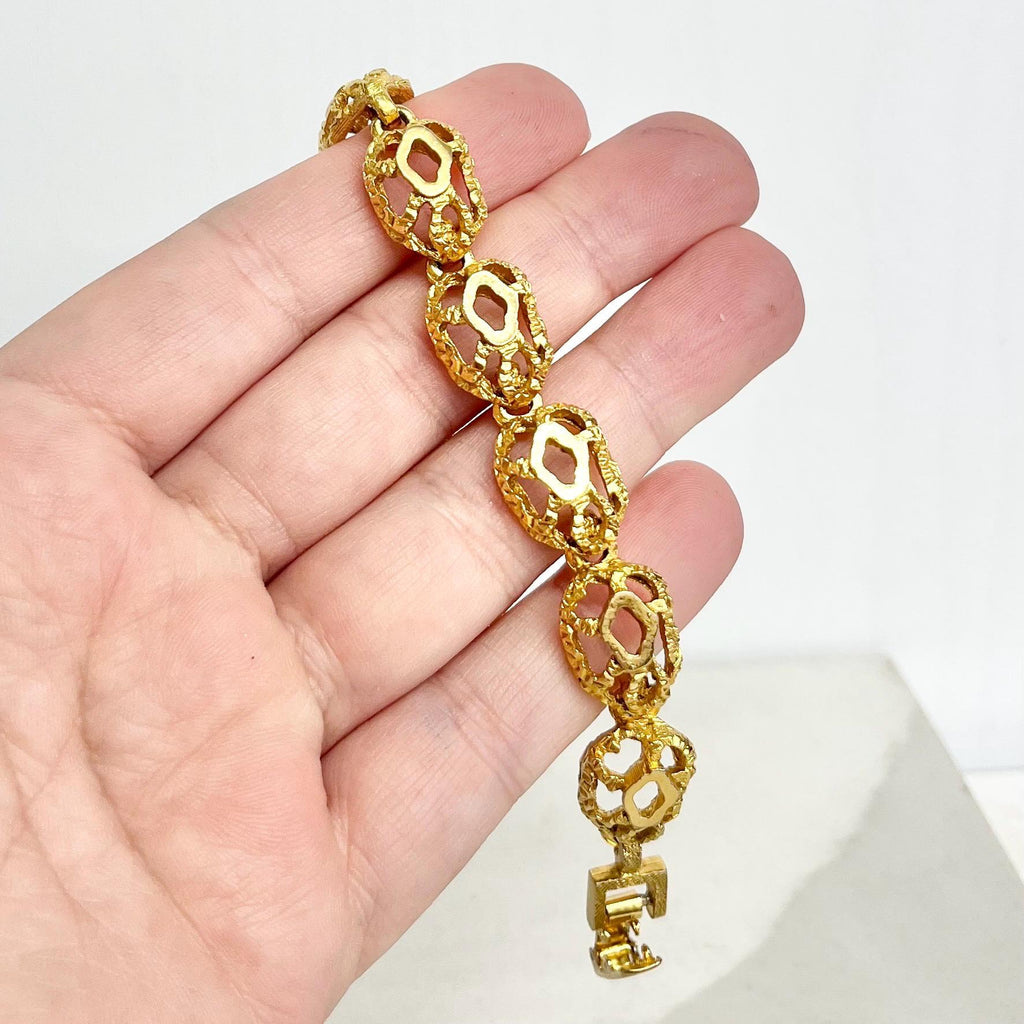 Vintage Gold Plate 1970’s Brutalist Bracelet Textured & Glossy Unusual Link Costume Jewellery 7.5” MillyOliverVintage