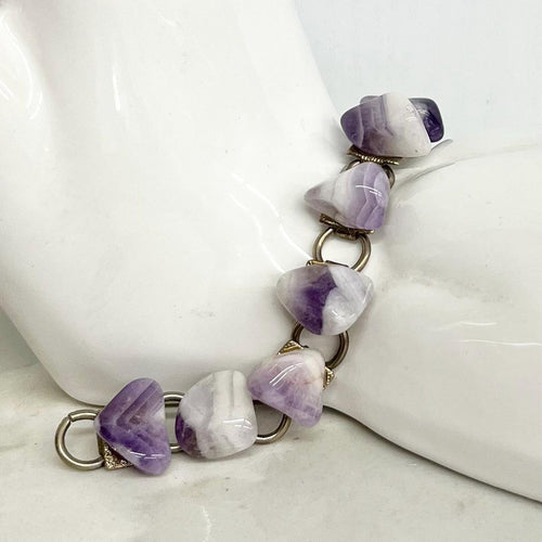 Amethyst Gold Tone 1970’s Vintage Stone Bracelet Semi Precious Costume Jewellery 7” MillyOliverVintage