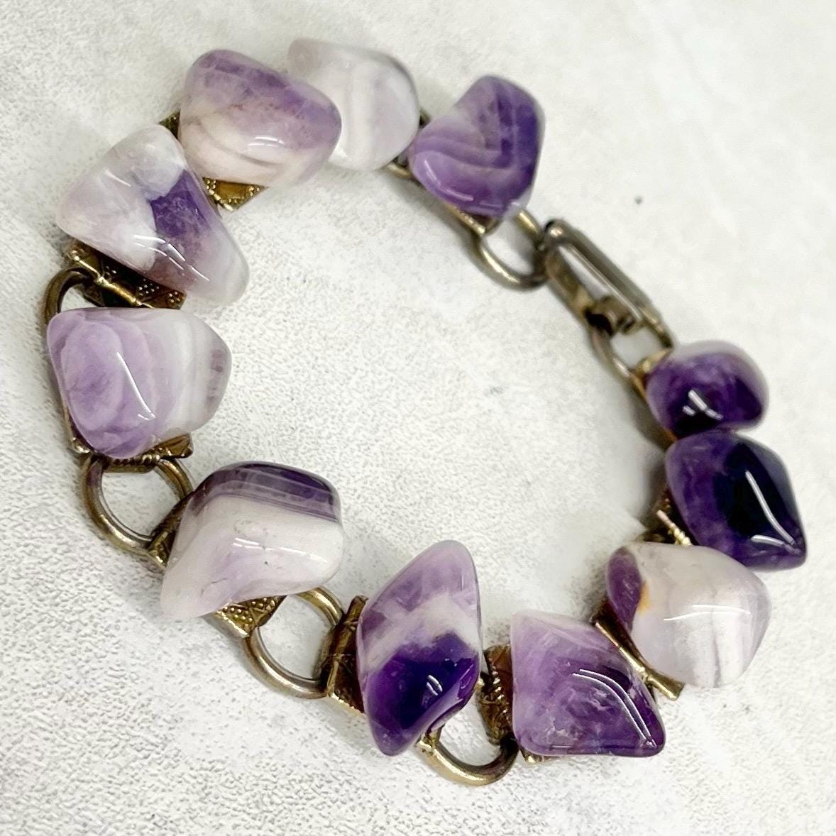 Amethyst Gold Tone 1970’s Vintage Stone Bracelet Semi Precious Costume Jewellery 7” MillyOliverVintage