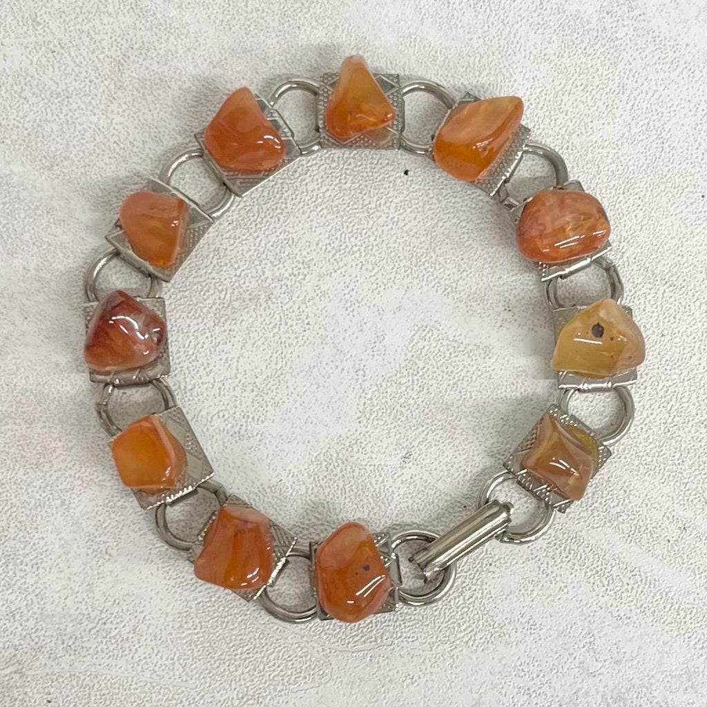 Orange Agate Silver Tone 1970’s Vintage Stone Bracelet Semi Precious Costume Jewellery 7” MillyOliverVintage