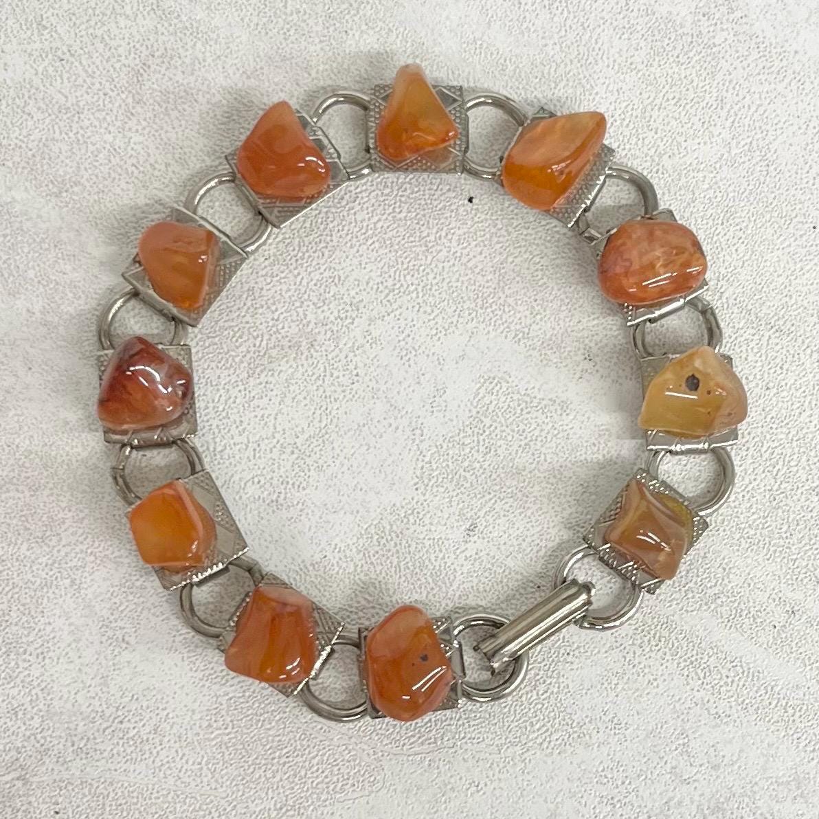 Orange Agate Silver Tone 1970’s Vintage Stone Bracelet Semi Precious Costume Jewellery 7” MillyOliverVintage