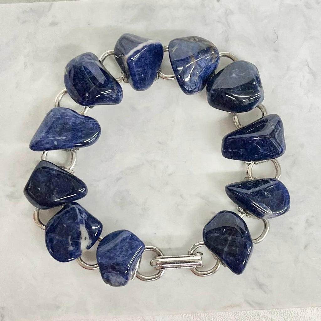 Blue Sodalite Silver Tone 1970’s Vintage Stone Bracelet Semi Precious Costume Jewellery 7” MillyOliverVintage