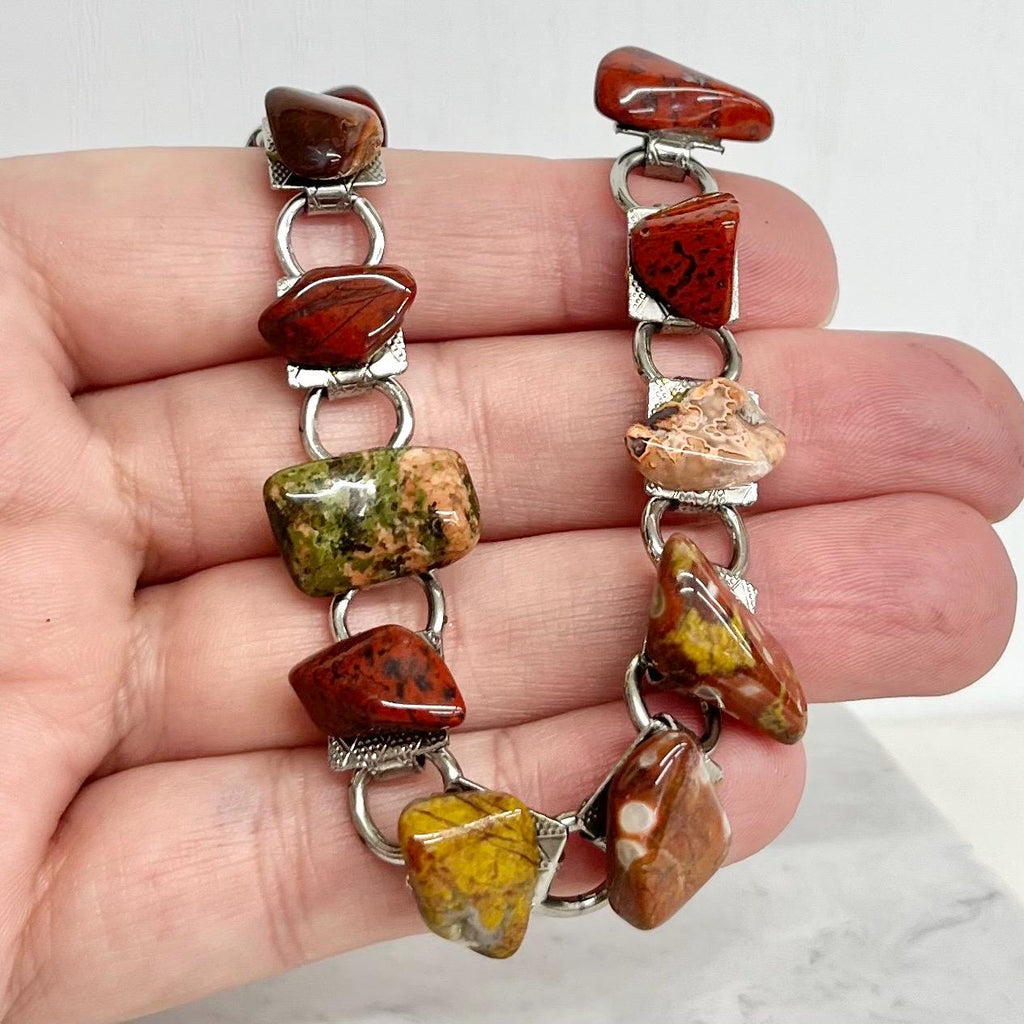 Red Mixed Gemstone Silver Tone 1970’s Vintage Stone Bracelet Semi Precious Costume Jewellery 7.5” Agate Unakite Jasper MillyOliverVintage