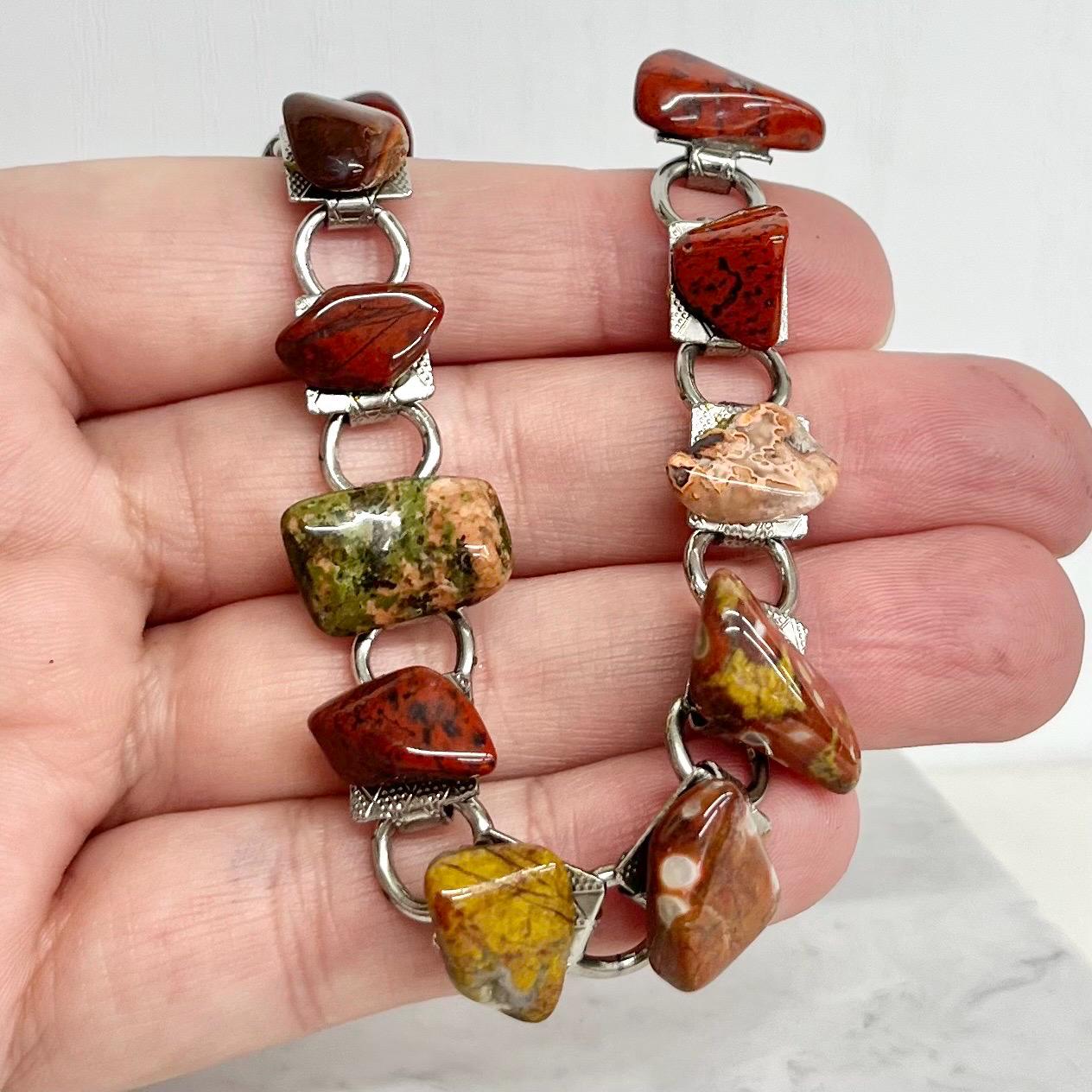 Red Mixed Gemstone Silver Tone 1970’s Vintage Stone Bracelet Semi Precious Costume Jewellery 7.5” Agate Unakite Jasper MillyOliverVintage